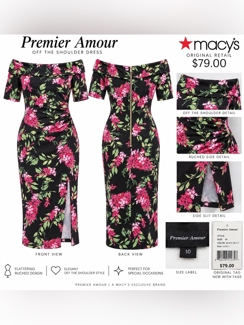 Premier Amour Off-the-Shoulder Black Midi Dress with Pink Floral Print Size 10